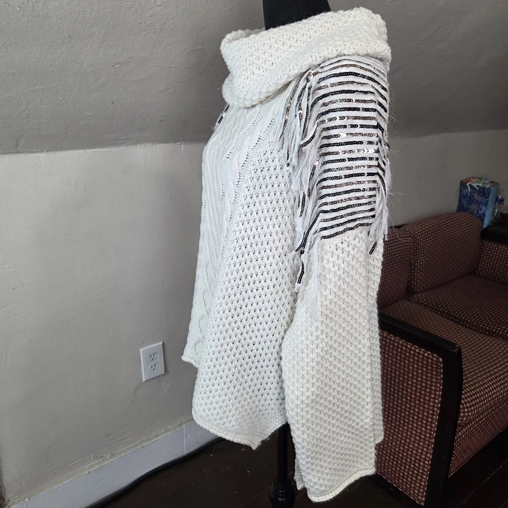 NWT Twinset‎ Milano Fringe Knit Sweater M Ivory Chunky Cable Knit Cowl Neck